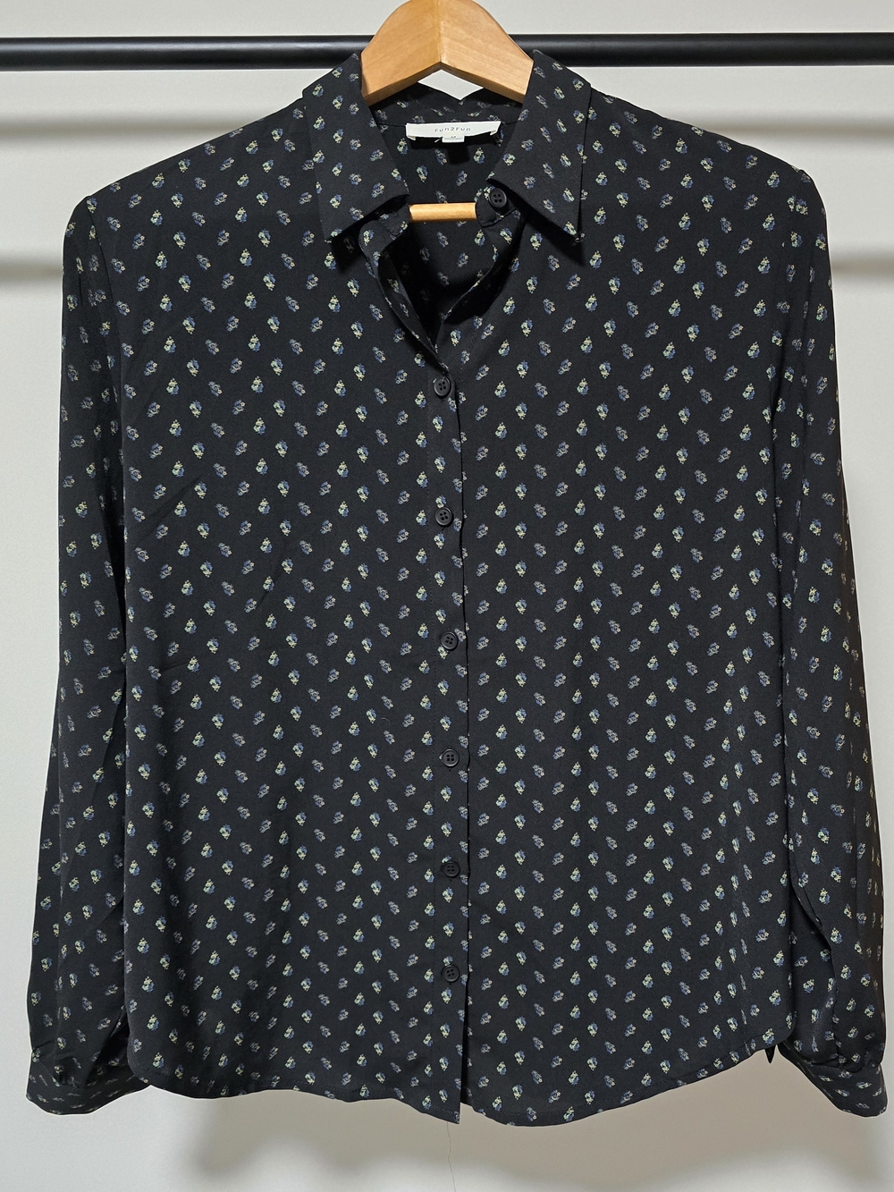Fun 2 Fun Black Button-Up Blouse with Blue-Green Micro Floral Print